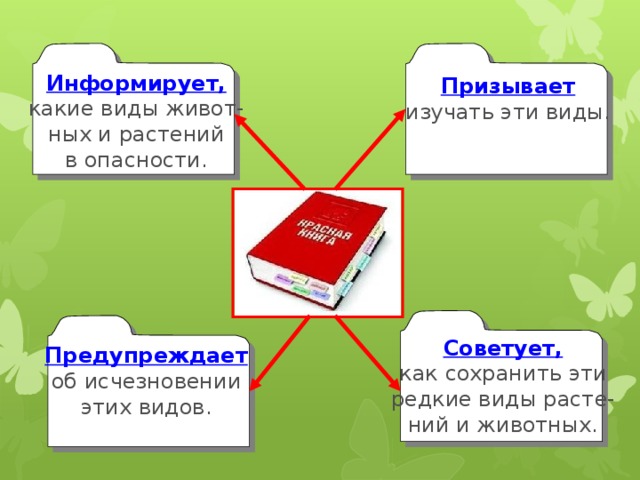 Информирует, какие виды живот- ных и растений в опасности. Призывает изучать эти виды. Советует, как сохранить эти редкие виды расте- ний и животных. Предупреждает об исчезновении этих видов. 