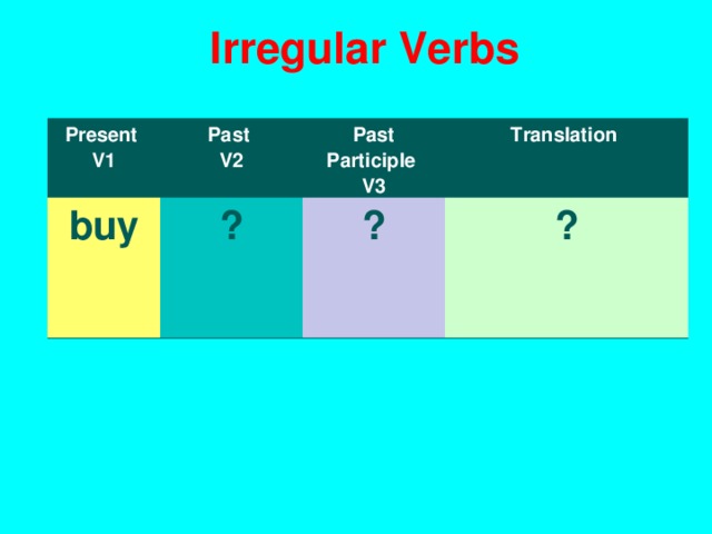 I rregular Verbs Present V1 Past V2 buy ? Past Participle V3 T ranslation ? ? 