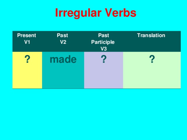 I rregular Verbs Present V1 Past V2 ? made Past Participle V3 T ranslation ? ? 
