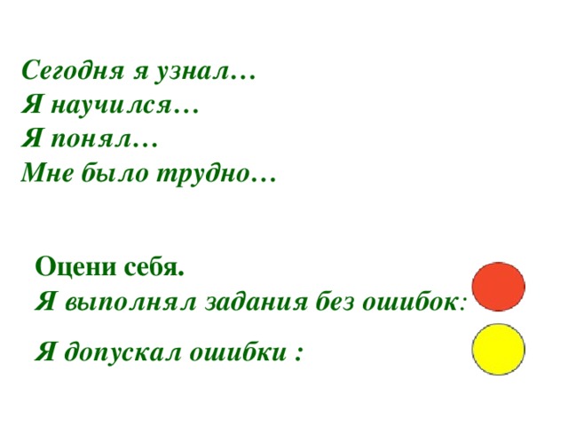 Сегодня я узнал… Я научился… Я понял… Мне было трудно… Оцени себя. Я выполнял задания без ошибок : Я допускал ошибки :