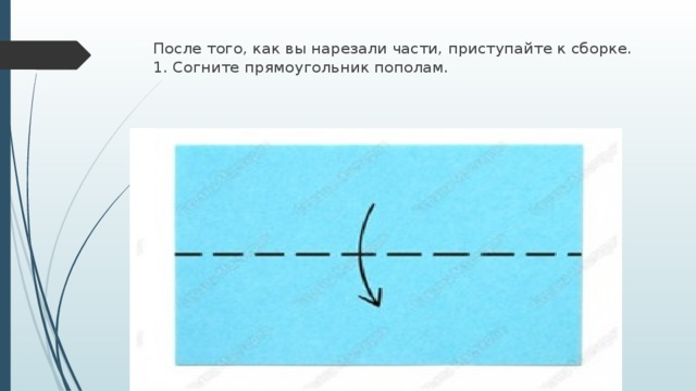 После того, как вы нарезали части, приступайте к сборке.  1. Согните прямоугольник пополам.   