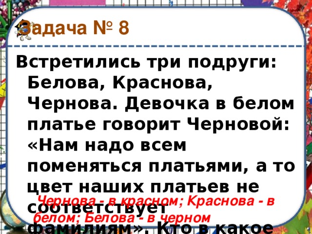 Задача № 8 Встретились три подруги: Белова, Краснова, Чернова. Девочка в белом платье говорит Черновой: «Нам надо всем поменяться платьями, а то цвет наших платьев не соответствует фамилиям». Кто в какое платье одет?  Чернова - в красном; Краснова - в белом; Белова - в черном 