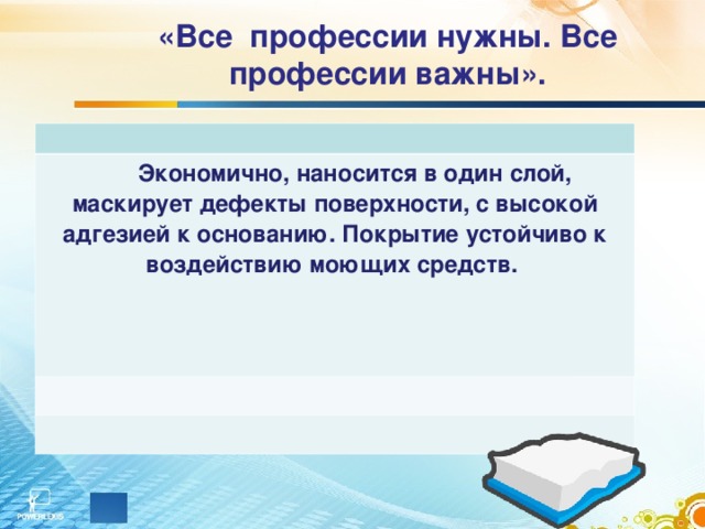 «Все профессии нужны. Все профессии важны».  Экономично, наносится в один слой, маскирует дефекты поверхности, с высокой адгезией к основанию. Покрытие устойчиво к воздействию моющих средств. 