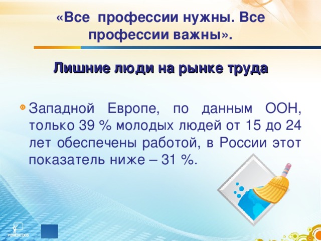 «Все профессии нужны. Все профессии важны». Лишние люди на рынке труда  Западной Европе, по данным ООН, только 39 % молодых людей от 15 до 24 лет обеспечены работой, в России этот показатель ниже – 31 %.  