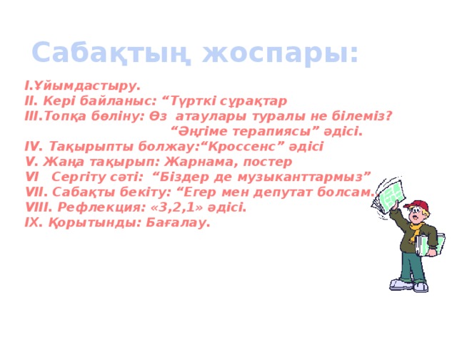 Сабақтың жоспары: I.Ұйымдастыру. II. Кері байланыс: “Түрткі сұрақтар III.Топқа бөліну: Өз атаулары туралы не білеміз? “ Әңгіме терапиясы” әдісі. IV. Тақырыпты болжау:“Кроссенс” әдісі V. Жаңа тақырып: Жарнама, постер VI Сергіту сәті: “Біздер де музыканттармыз” VII. Сабақты бекіту: “Егер мен депутат болсам...” VIII. Рефлекция: «3,2,1» әдісі. IX. Қорытынды: Бағалау.       
