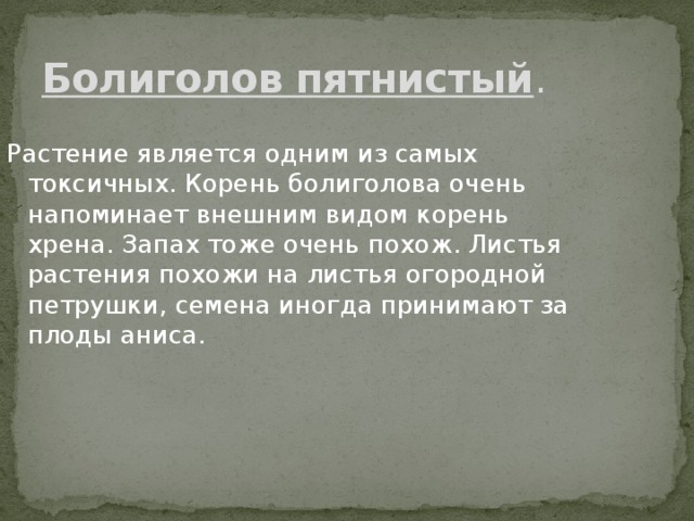 Болиголов пятнистый . Растение является одним из самых токсичных. Корень болиголова очень напоминает внешним видом корень хрена. Запах тоже очень похож. Листья растения похожи на листья огородной петрушки, семена иногда принимают за плоды аниса. 
