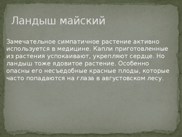 Ландыш майский Замечательное симпатичное растение активно используется в медицине. Капли приготовленные из растения успокаивают, укрепляют сердце. Но ландыш тоже ядовитое растение. Особенно опасны его несъедобные красные плоды, которые часто попадаются на глаза в августовском лесу. 