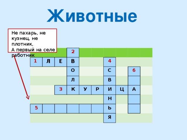 Животные Не пахарь, не кузнец, не плотник, А первый на селе работник 1  Л Е 2 В О Л 5 3 4 К С У Р В И 6 Н Ц Ь А Я 