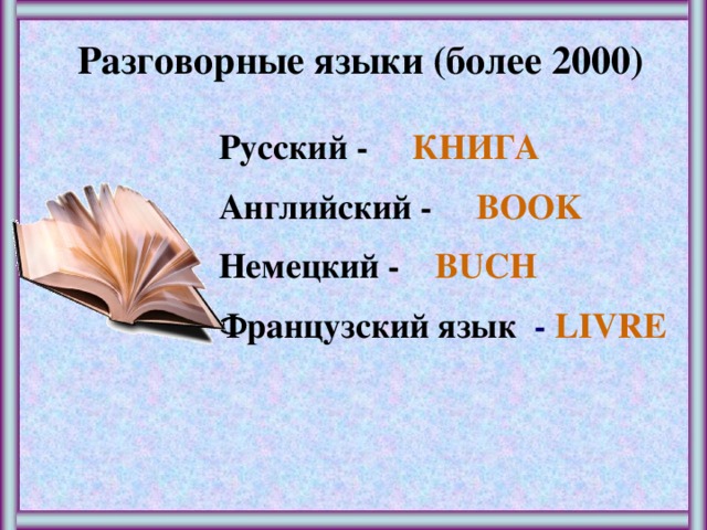 Разговорные языки (более 2000) Русский - КНИГА Английский - BOOK Немецкий - BUCH  Французский язык - LIVRE 