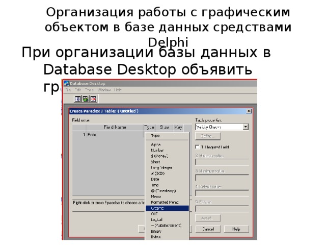 Организация работы с графическим объектом в базе данных средствами Delphi При организации базы данных в Database Desktop объявить графическое поле 