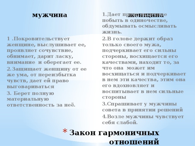 мужчина женщина 1 .Покровительствует женщине, выслушивает ее, проявляет сочувствие, обнимает, дарит ласку, внимание и оберегает ее. 1.Дает право мужчине побыть в одиночестве, обдумывать осмысливать жизнь. 2.Защищает женщину от ее же ума, от переизбытка чувств, дает ей право выговариваться 2.В голове держит образ только своего мужа, подчеркивает его сильны стороны, восхищается его качествами, находит то, за что она может им восхищаться и подчеркивает в нем эти качества, этим она его вдохновляет и воспитывает в нем сильные стороны 3. Берет полную материальную ответственность за неё. 3.Спрашивает у мужчины совета в принятии решений 4.Возле мужчины чувствует себя слабой.  Закон гармоничных отношений 