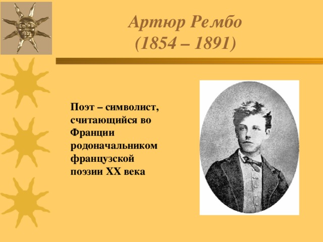 Артюр Рембо  (1854 – 1891) Поэт – символист, считающийся во Франции родоначальником французской поэзии ХХ века 