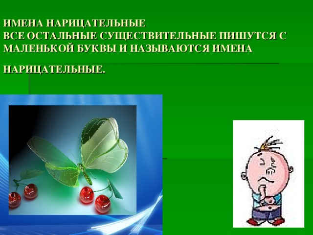 ИМЕНА НАРИЦАТЕЛЬНЫЕ  ВСЕ ОСТАЛЬНЫЕ СУЩЕСТВИТЕЛЬНЫЕ ПИШУТСЯ С МАЛЕНЬКОЙ БУКВЫ И НАЗЫВАЮТСЯ ИМЕНА НАРИЦАТЕЛЬНЫЕ.    