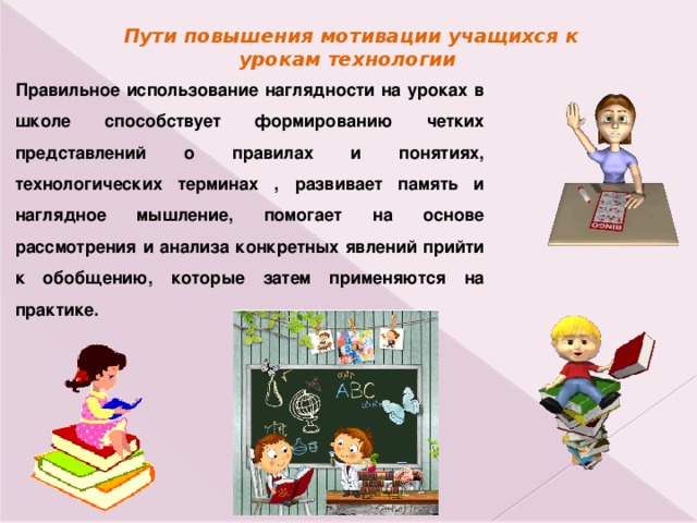 Пути повышения мотивации учащихся к урокам технологии    Правильное использование наглядности на уроках в школе способствует формированию четких представлений о правилах и понятиях, технологических терминах , развивает память и наглядное мышление, помогает на основе рассмотрения и анализа конкретных явлений прийти к обобщению, которые затем применяются на практике. 