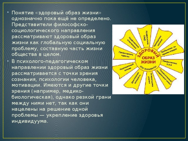 Понятие «здоровый образ жизни» однозначно пока ещё не определено. Представители философско-социологического направления рассматривают здоровый образ жизни как глобальную социальную проблему, составную часть жизни общества в целом. В психолого-педагогическом направлении здоровый образ жизни рассматривается с точки зрения сознания, психологии человека, мотивации. Имеются и другие точки зрения (например, медико-биологическая), однако резкой грани между ними нет, так как они нацелены на решение одной проблемы — укрепление здоровья индивидуума.