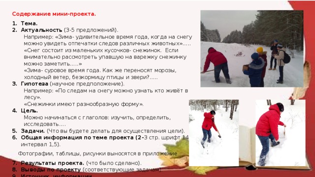 Содержание мини-проекта. Тема. Актуальность (3-5 предложений). Например: «Зима- удивительное время года, когда на снегу можно увидеть отпечатки следов различных животных»….. «Снег состоит из маленьких кусочков- снежинок. Если внимательно рассмотреть упавшую на варежку снежинку можно заметить…..» «Зима- суровое время года. Как же переносят морозы, холодный ветер, безкормицу птицы и звери?..... Гипотеза (научное предположение). Например: «По следам на снегу можно узнать кто живёт в лесу». «Снежинки имеют разнообразную форму». Цель. Можно начинаться с глаголов: изучить, определить, исследовать…. Задачи. (Что вы будете делать для осуществления цели). Общая информация по теме проекта (2- 3 стр. шрифт 14, интервал 1,5). Фотографии, таблицы, рисунки выносятся в приложение. Результаты проекта. (что было сделано). Выводы по проекту (соответствующие задачам). Источник информации. 