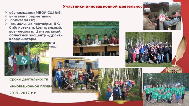 Участники инновационной деятельности обучающиеся МБОУ СШ №5; учителя- предметники;  родители ОУ;  социальные партнёры: ДК, библиотека п. Центральный, военлесхоз п. Центральный, областной экоцентр «Дронт», координаторы Всероссийского проекта ГРИНПИС «Возродим наш лес». Участники инновационной деятельности: обучающиеся МБОУ СШ №5; учителя- предметники; родители ОУ; социальные партнёры: ДК, библиотека п. Центральный, военлесхоз п. Центральный, областной экоцентр «Дронт», координаторы Всероссийского проекта ГРИНПИС «Возродим наш лес». Сроки деятельности инновационной площадки: 2015- 2017 г.г.  