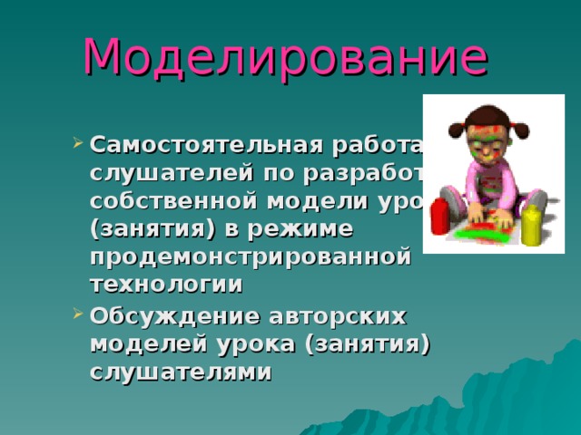 Моделирование  Самостоятельная работа слушателей по разработке собственной модели урока (занятия) в режиме продемонстрированной технологии Обсуждение авторских моделей урока (занятия) слушателями  