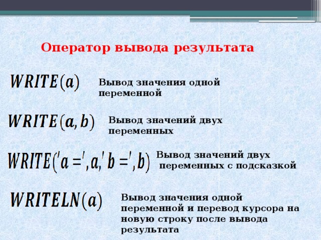 Оператор вывода результата Вывод значения одной переменной Вывод значений двух переменных Вывод значений двух переменных с подсказкой Вывод значения одной переменной и перевод курсора на новую строку после вывода результата