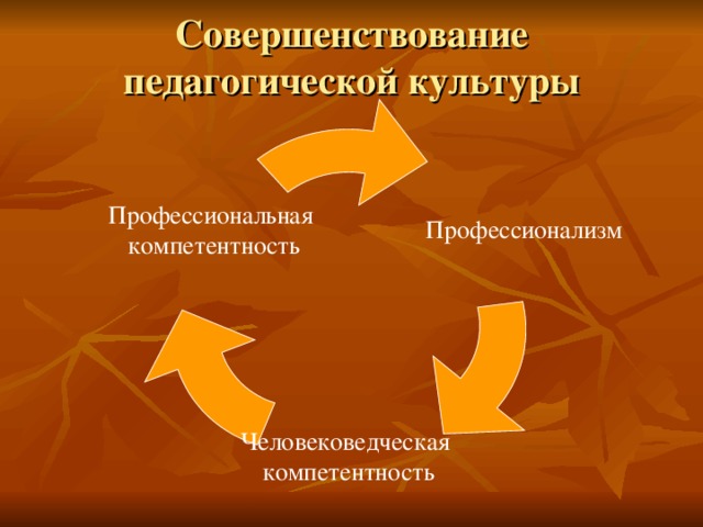 Совершенствование педагогической культуры  Профессионализм Профессиональная компетентность Человековедческая компетентность 