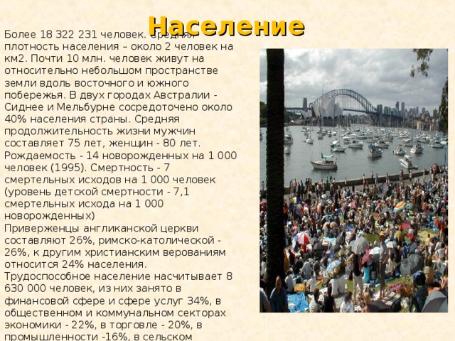 Население Более 18 322 231 человек. Средняя плотность населения – около 2 человек на км2. Почти 10 млн. человек живут на относительно небольшом пространстве земли вдоль восточного и южного побережья. В двух городах Австралии - Сиднее и Мельбурне сосредоточено около 40% населения страны. Средняя продолжительность жизни мужчин составляет 75 лет, женщин - 80 лет. Рождаемость - 14 новорожденных на 1 000 человек (1995). Смертность - 7 смертельных исходов на 1 000 человек (уровень детской смертности - 7,1 смертельных исхода на 1 000 новорожденных) Приверженцы англиканской церкви составляют 26%, римско-католической - 26%, к другим христианским верованиям относится 24% населения. Трудоспособное население насчитывает 8 630 000 человек, из них занято в финансовой сфере и сфере услуг 34%, в общественном и коммунальном секторах экономики - 22%, в торговле - 20%, в промышленности -16%, в сельском хозяйстве - 6% (1991). 