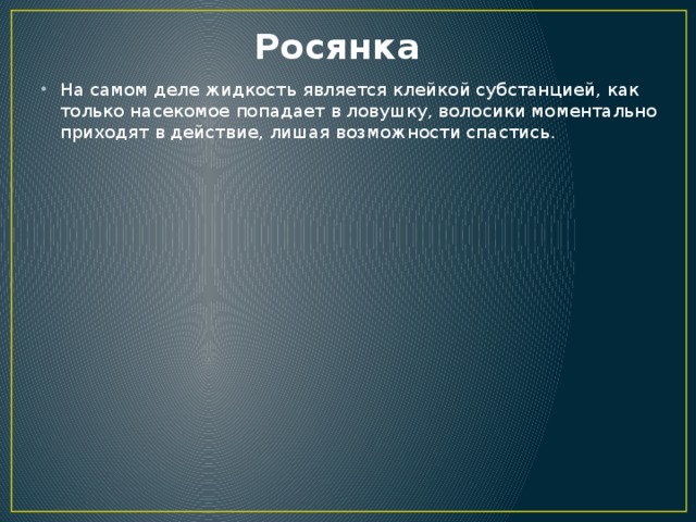 Росянка На самом деле жидкость является клейкой субстанцией, как только насекомое попадает в ловушку, волосики моментально приходят в действие, лишая возможности спастись. 