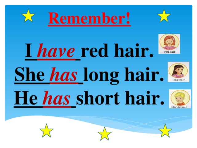 Remember! I have  red hair. She has  long hair. He has  short hair. 