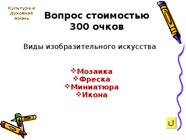 Культура и духовная жизнь  Вопрос стоимостью 300 очков Виды изобразительного искусства Мозаика Фреска Миниатюра Икона  