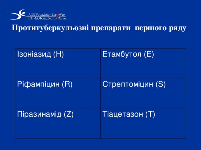 Протитуберкульозні препарати першого ряду  Ізоніазид (H) Етамбутол (E) Ріфампіцин (R) Стрептоміцин (S) Піразинамід (Z) Тіацетазон (Т)  