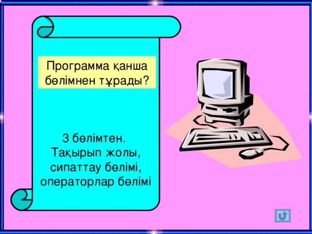 Программа қанша бөлімнен тұрады? 3 бөлімтен. Тақырып жолы, сипаттау бөлімі, операторлар бөлімі 