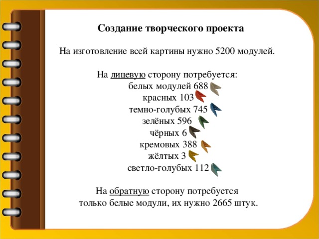 Создание творческого проекта На изготовление всей картины нужно 5200 модулей. На лицевую сторону потребуется: белых модулей 688 красных 103 темно-голубых 745 зелёных 596 чёрных 6 кремовых 388 жёлтых 3 светло-голубых 112 На обратную сторону потребуется только белые модули, их нужно 2665 штук.