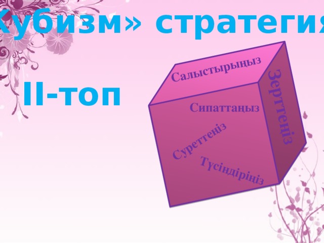 «Кубизм» стратегиясы Зерттеңіз Суреттеңіз Салыстырыңыз Түсіндіріңіз ІІ-топ Сипаттаңыз 