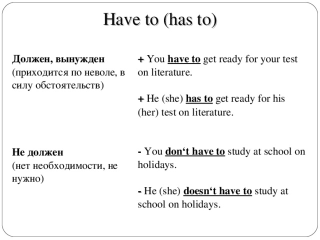 Have to (has to) значение пример Должен, вынужден (приходится по неволе, в ...