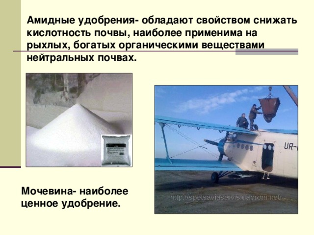 Амидные удобрения- обладают свойством снижать кислотность почвы, наиболее применима на рыхлых, богатых органическими веществами нейтральных почвах. Мочевина- наиболее ценное удобрение. 
