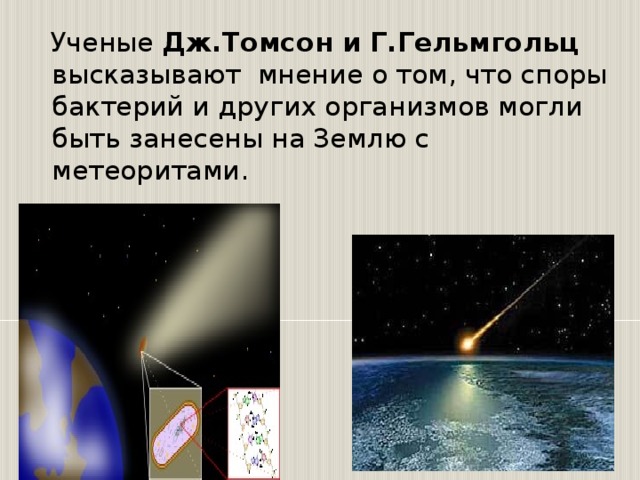  Ученые Дж.Томсон и Г.Гельмгольц высказывают мнение о том, что споры бактерий и других организмов могли быть занесены на Землю с метеоритами. 