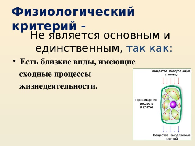 Физиологический критерий - Не является основным и единственным,  так как: Есть близкие виды, имеющие  сходные процессы  жизнедеятельности.  