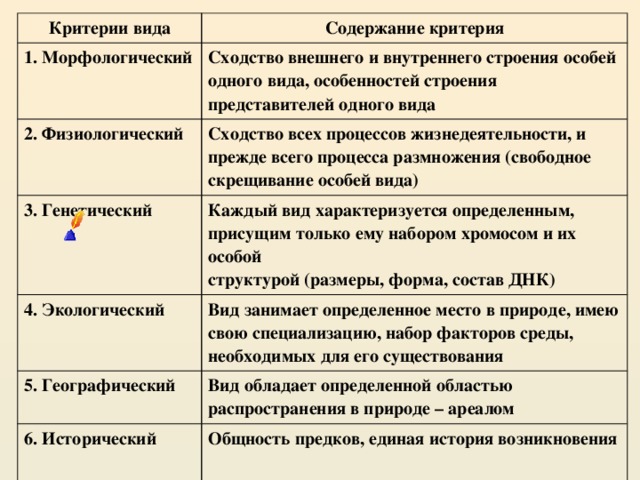 Критерии вида схема