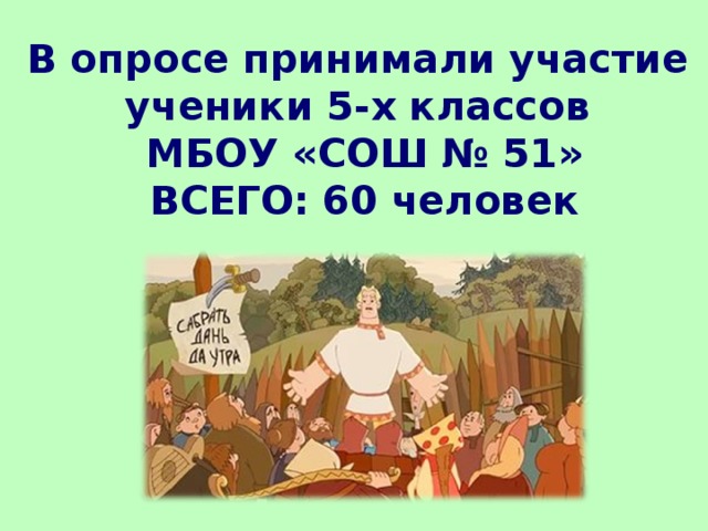 В опросе принимали участие ученики 5-х классов МБОУ «СОШ № 51» ВСЕГО: 60 человек 