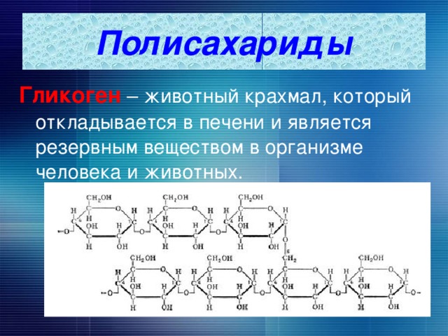 Полисахариды Гликоген – животный крахмал, который откладывается в печени и является резервным веществом в организме человека и животных. 