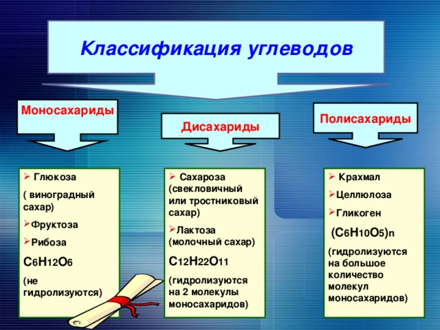 Классификация углеводов Моносахариды  Полисахариды Дисахариды  Крахмал Целлюлоза Гликоген  Глюкоза  Сахароза (свекловичный или тростниковый сахар) Лактоза (молочный сахар)  (С 6 Н 10 О 5 ) n (гидролизуются на большое количество молекул моносахаридов) ( виноградный сахар) С 12 Н 22 О 11 (гидролизуются на 2 молекулы моносахаридов)  Фруктоза Рибоза С 6 Н 12 О 6 (не гидролизуются) 