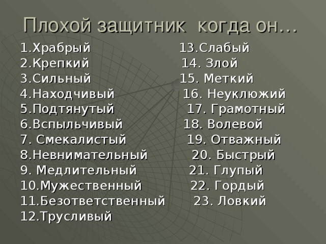 1.Храбрый 13.Слабый 2.Крепкий 14. Злой 3.Сильный 15. Меткий 4.Находчивый 16. Неуклюжий 5.Подтянутый 17. Грамотный 6.Вспыльчивый 18. Волевой 7. Смекалистый 19. Отважный 8.Невнимательный 20. Быстрый 9. Медлительный 21. Глупый 10.Мужественный 22. Гордый 11.Безответственный 23. Ловкий 12.Трусливый 