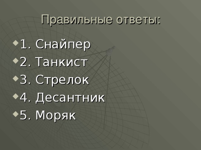 1. Снайпер 2. Танкист 3. Стрелок 4. Десантник 5. Моряк 