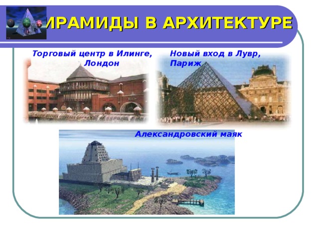ПИРАМИДЫ В АРХИТЕКТУРЕ Новый вход в Лувр, Париж Торговый центр в Илинге, Лондон Александровский маяк  