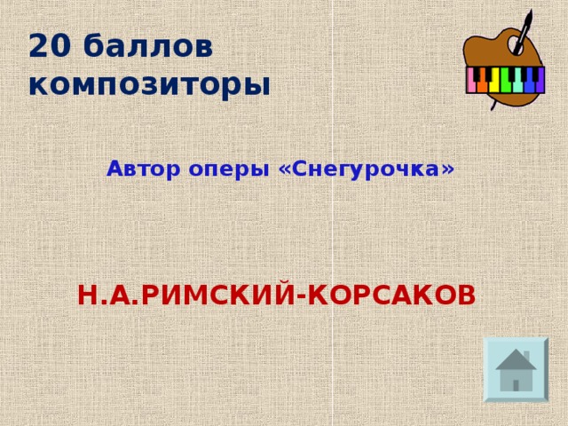 20 баллов  композиторы Автор оперы «Снегурочка» Н.А.РИМСКИЙ-КОРСАКОВ 