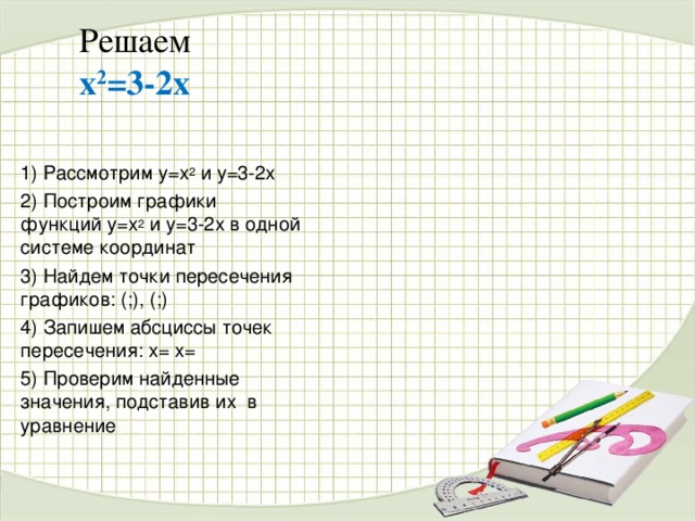 Решаем х 2 =3-2х   1) Рассмотрим у=х 2 и у=3-2х 2) Построим графики функций у=х 2 и у=3-2х в одной системе координат 3) Найдем точки пересечения графиков: (;), (;) 4) Запишем абсциссы точек пересечения: х= х= 5) Проверим найденные значения, подставив их в уравнение