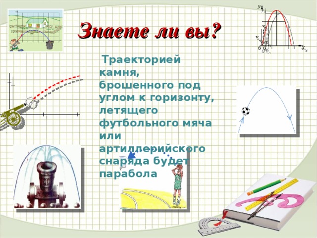 Знаете ли вы?   Траекторией камня, брошенного под углом к горизонту, летящего футбольного мяча или артиллерийского снаряда будет парабола