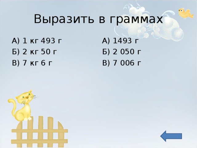 Выразить в граммах А) 1 кг 493 г Б) 2 кг 50 г В) 7 кг 6 г А) 1493 г Б) 2 050 г В) 7 006 г 