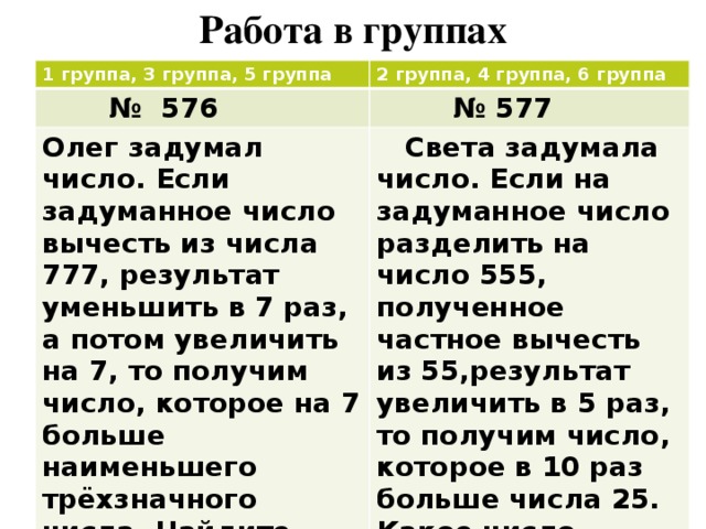 Работа в группах 1 группа, 3 группа, 5 группа 2 группа, 4 группа, 6 группа № 576 № 577 Олег задумал число. Если задуманное число вычесть из числа 777, результат уменьшить в 7 раз, а потом увеличить на 7, то получим число, которое на 7 больше наименьшего трёхзначного числа. Найдите число, задуманное Олегом.  Света задумала число. Если на задуманное число разделить на число 555, полученное частное вычесть из 55,результат увеличить в 5 раз, то получим число, которое в 10 раз больше числа 25. Какое число, задумала Света?