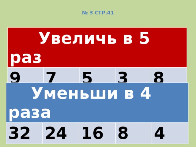 Увеличь 5 в 4 раза. Увеличь в раз. Увеличь в 3 раза. Уменьши в 3 раза.