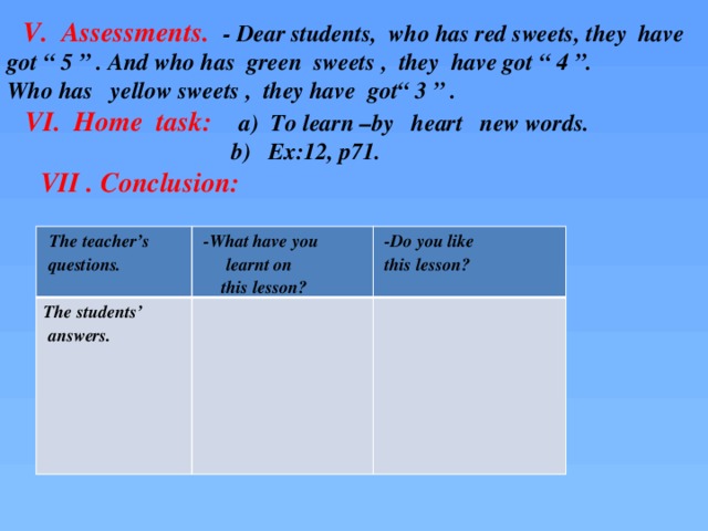   V. Assessments. - Dear students, who has red sweets, they have got “ 5 ” . And who has green sweets , they have got “ 4 ”. Who has yellow sweets , they have got“ 3 ” .  VI. Home task: a) To learn –by heart new words.  b) Ex:12, p71.  VII . Conclusion:              The teacher’s The students’  questions.  -What have you  -Do you like  answers.  learnt on  this lesson?  this lesson? 